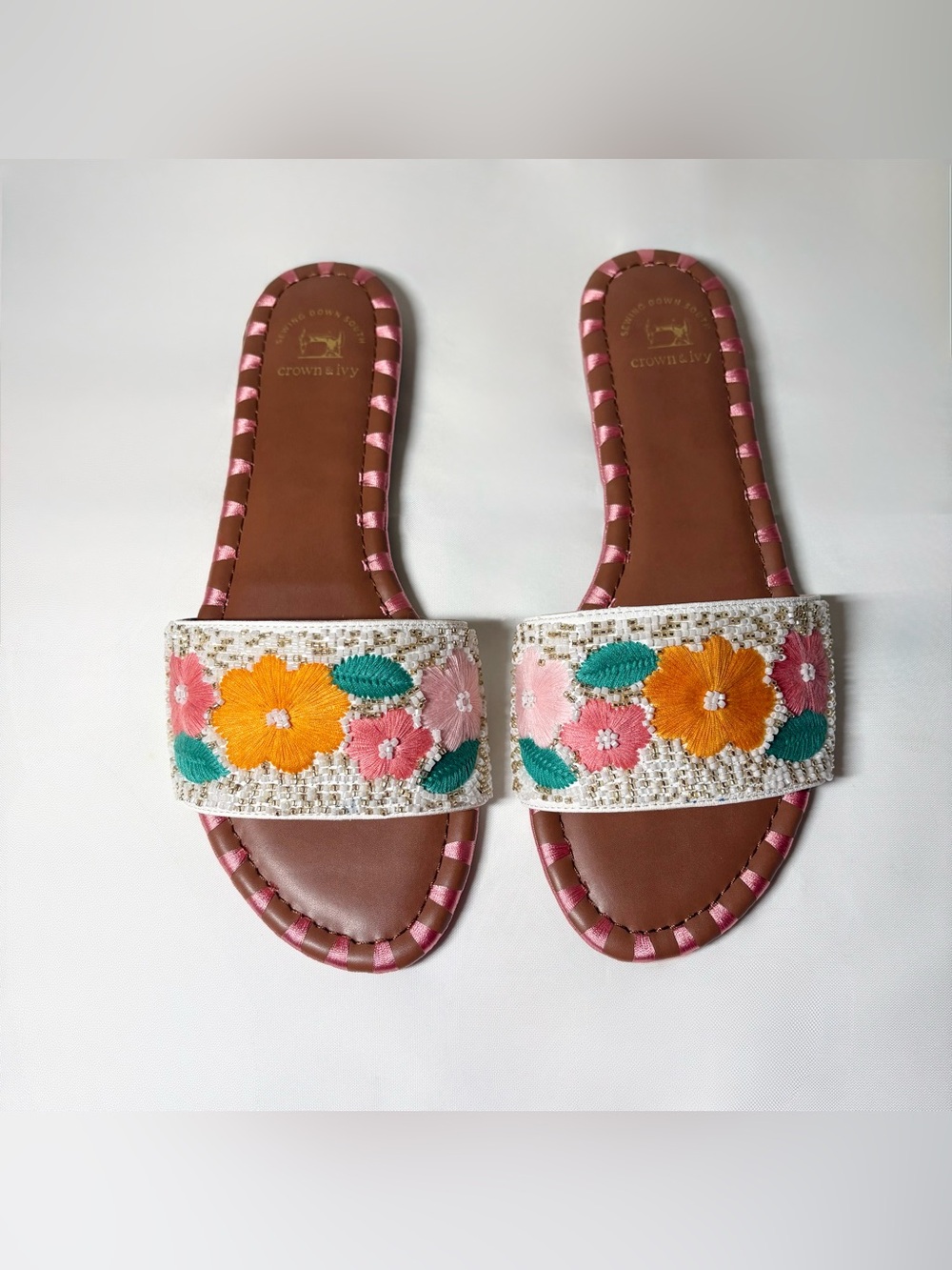 Crown & Ivy Sewing Down South Liza Floral Beaded Slide Sandals Women’s Size 8.5